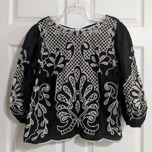 NWT Cato Women's Black and White Embroidered Blouse